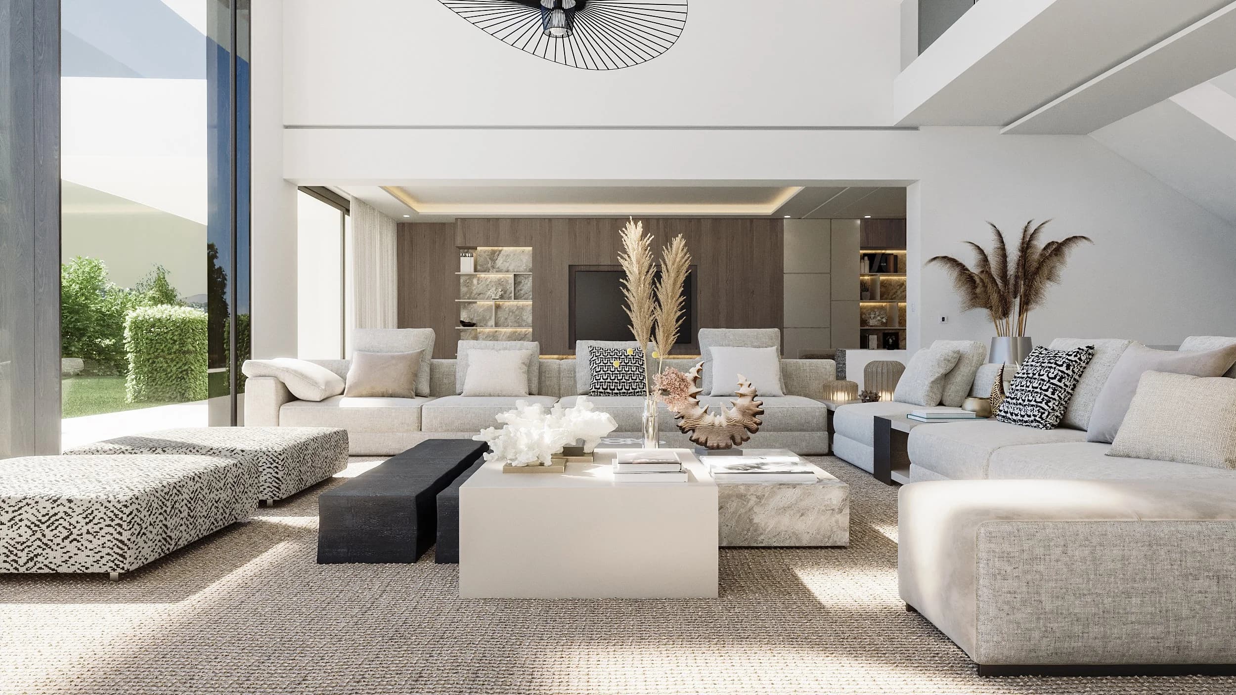 Photorealistic visualisation of a double-height lounge with timber joinery and garden light